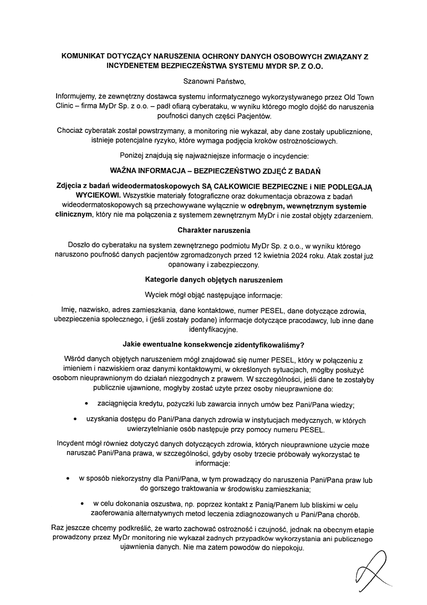 Personal data breach notice, in Polish – scan, page 1 of 2